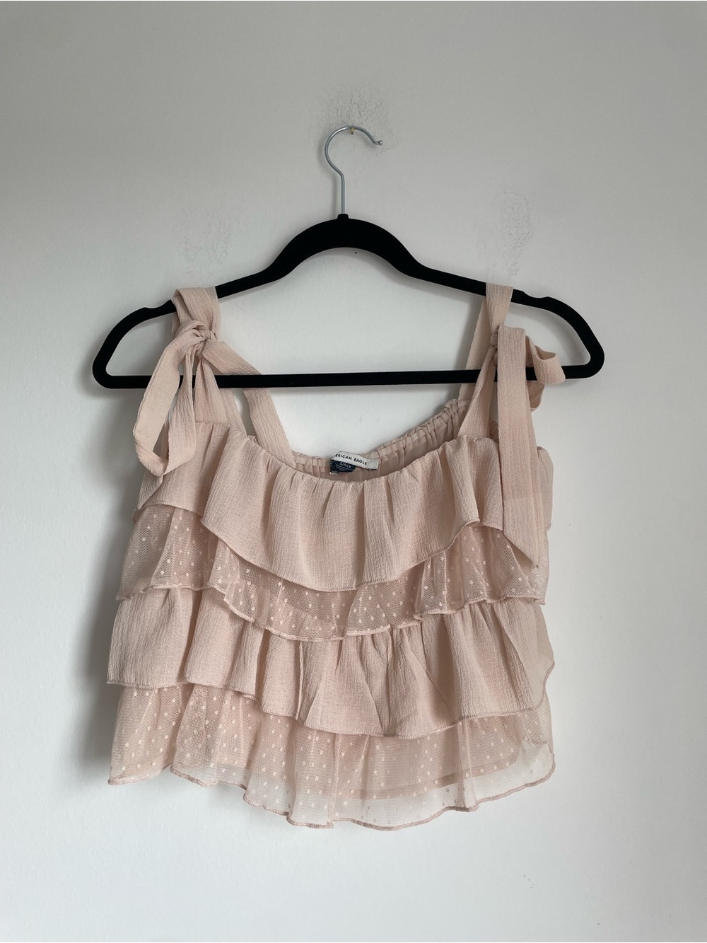 American Eagle Blush Tiered Ruffle Adjustable Bow Strap Crop Top Size S Coquette
